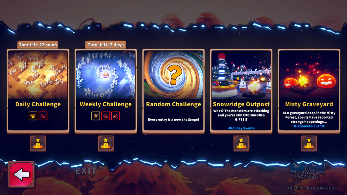 Emberward mode selection screen with daily and weekly challenge options.