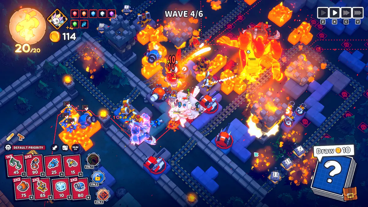 Emberward gameplay on its PC interface, with a maze, towers, and wave controls visible.