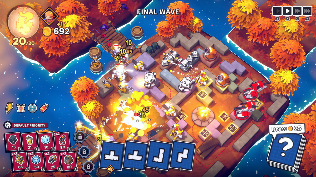 A bright Emberward battle scene with towers defending a winding maze.