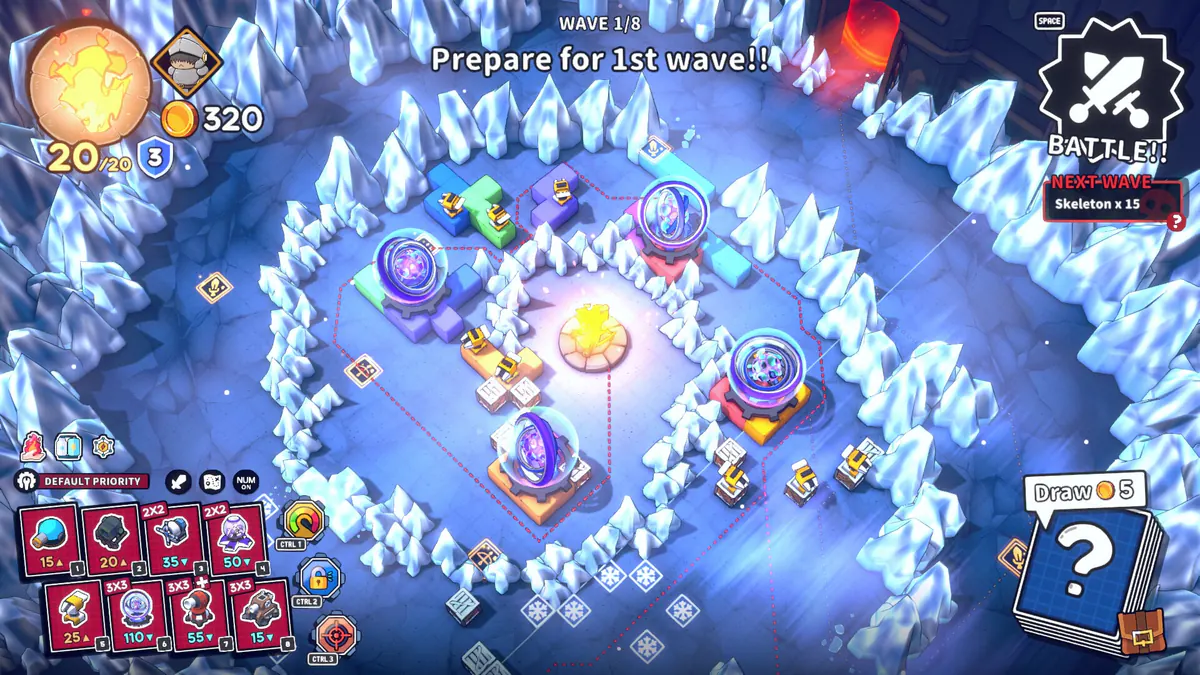 Emberward gameplay with towers and a winding path across a snowy map.